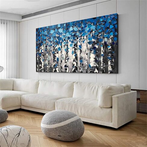 لوحات زيتية مصنوعة يدويًا، منظر طبيعي للغابات، لوحات فنية جدارية من القماش، أعمال فنية معاصرة لغرفة المعيشة، غرفة الطعام، ديكورات جدران المنزل (أزرق) in Kuwait