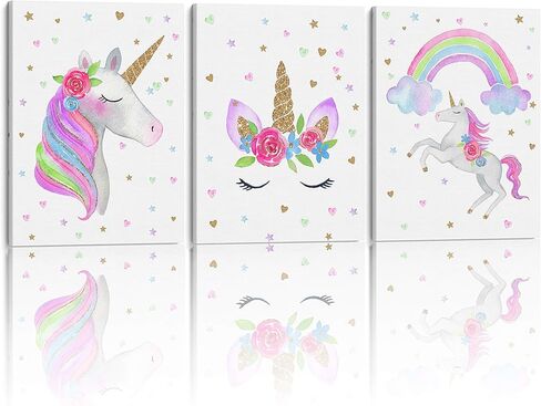 Something Unicorn - Stretched/Framed, Ready to Hang Canvas Wall Art. Super Cute Water Color Unicorn Prints for Nursery or Girl's Bedroom Decor. Set of 3. 12x16in - Gold Glitter Unicorn Original in Kuwait