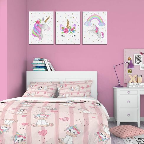 Something Unicorn - Stretched/Framed, Ready to Hang Canvas Wall Art. Super Cute Water Color Unicorn Prints for Nursery or Girl's Bedroom Decor. Set of 3. 12x16in - Gold Glitter Unicorn Original in Kuwait