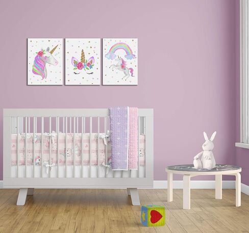 Something Unicorn - Stretched/Framed, Ready to Hang Canvas Wall Art. Super Cute Water Color Unicorn Prints for Nursery or Girl's Bedroom Decor. Set of 3. 12x16in - Gold Glitter Unicorn Original in Kuwait