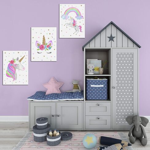 Something Unicorn - Stretched/Framed, Ready to Hang Canvas Wall Art. Super Cute Water Color Unicorn Prints for Nursery or Girl's Bedroom Decor. Set of 3. 12x16in - Gold Glitter Unicorn Original in Kuwait