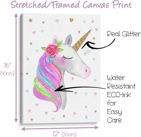 Something Unicorn - Stretched/Framed, Ready to Hang Canvas Wall Art. Super Cute Water Color Unicorn Prints for Nursery or Girl's Bedroom Decor. Set of 3. 12x16in - Gold Glitter Unicorn Original in Kuwait