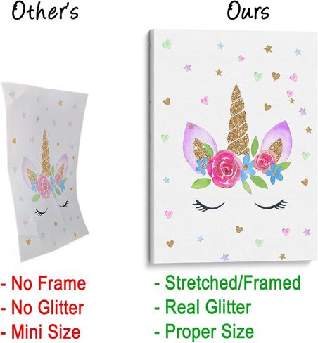 Something Unicorn - Stretched/Framed, Ready to Hang Canvas Wall Art. Super Cute Water Color Unicorn Prints for Nursery or Girl's Bedroom Decor. Set of 3. 12x16in - Gold Glitter Unicorn Original in Kuwait