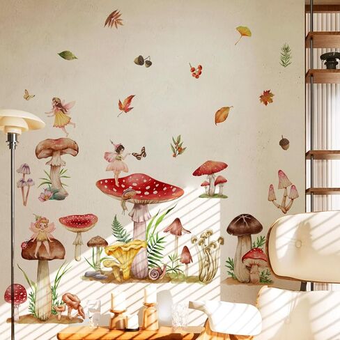 Annande Mushroom Wall Decals Fairy Wall Stickers Forest Room Decor Fall Leaf Woodland Nursery Decor Wall Door Decor for Girls Bedroom Living Room Kitchen in Kuwait