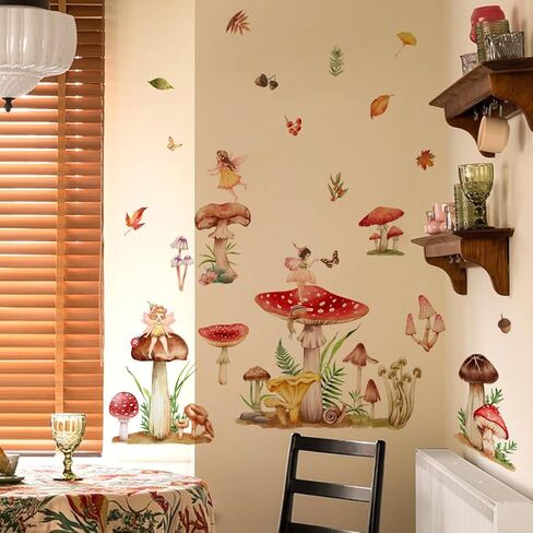 Annande Mushroom Wall Decals Fairy Wall Stickers Forest Room Decor Fall Leaf Woodland Nursery Decor Wall Door Decor for Girls Bedroom Living Room Kitchen in Kuwait