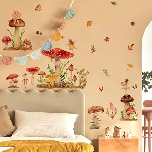 Annande Mushroom Wall Decals Fairy Wall Stickers Forest Room Decor Fall Leaf Woodland Nursery Decor Wall Door Decor for Girls Bedroom Living Room Kitchen in Kuwait