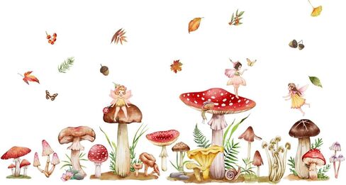 Annande Mushroom Wall Decals Fairy Wall Stickers Forest Room Decor Fall Leaf Woodland Nursery Decor Wall Door Decor for Girls Bedroom Living Room Kitchen in Kuwait