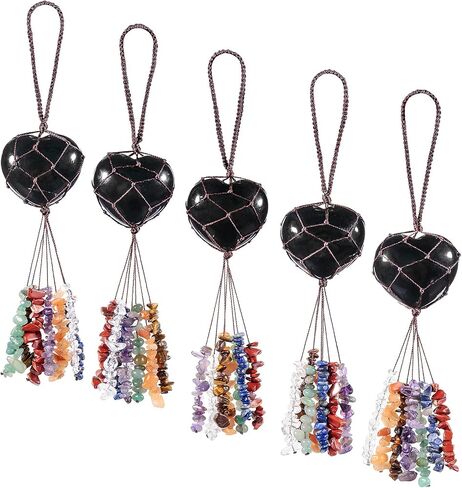 mookaitedecor Black Obsidian Heart Shape Hanging Ornament, 7 Chakra Healing Stones Tumbled Gemstones Crystal Tassels for Car & Home Decoration, Yoga Meditation in Saudi Arabia