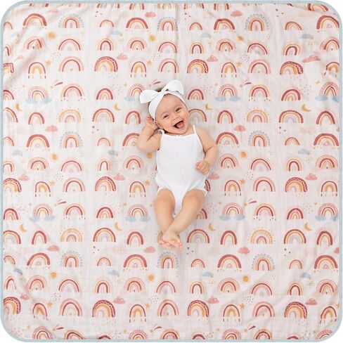 Tranqun Swaddle Blankets Baby Girl and Boys 4 Layers Sun Raindrop Star Moon Rainbow Muslin Quilt Baby Blanket 47" x 47" Washable Soft Reversible Cotton Rainbow Quilt for Toddler Kids Baby Newborn Crib in Kuwait