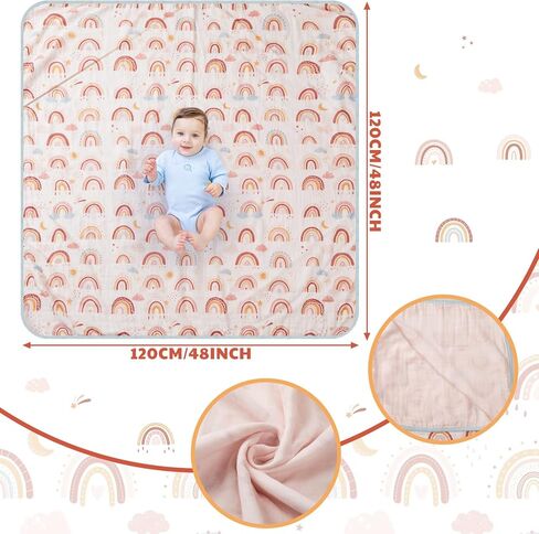 Tranqun Swaddle Blankets Baby Girl and Boys 4 Layers Sun Raindrop Star Moon Rainbow Muslin Quilt Baby Blanket 47" x 47" Washable Soft Reversible Cotton Rainbow Quilt for Toddler Kids Baby Newborn Crib in Kuwait