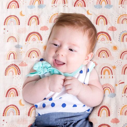 Tranqun Swaddle Blankets Baby Girl and Boys 4 Layers Sun Raindrop Star Moon Rainbow Muslin Quilt Baby Blanket 47" x 47" Washable Soft Reversible Cotton Rainbow Quilt for Toddler Kids Baby Newborn Crib in Kuwait