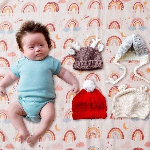 Tranqun Swaddle Blankets Baby Girl and Boys 4 Layers Sun Raindrop Star Moon Rainbow Muslin Quilt Baby Blanket 47" x 47" Washable Soft Reversible Cotton Rainbow Quilt for Toddler Kids Baby Newborn Crib in Kuwait