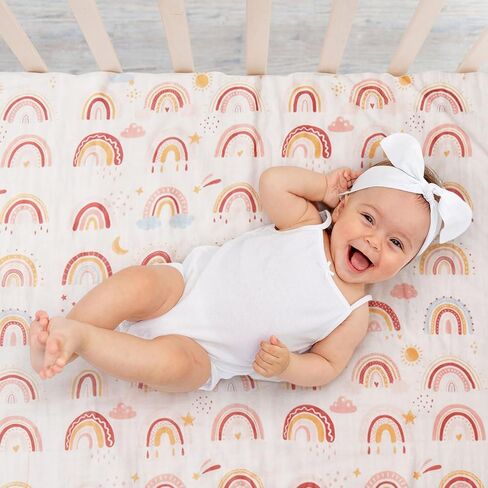 Tranqun Swaddle Blankets Baby Girl and Boys 4 Layers Sun Raindrop Star Moon Rainbow Muslin Quilt Baby Blanket 47" x 47" Washable Soft Reversible Cotton Rainbow Quilt for Toddler Kids Baby Newborn Crib in Kuwait