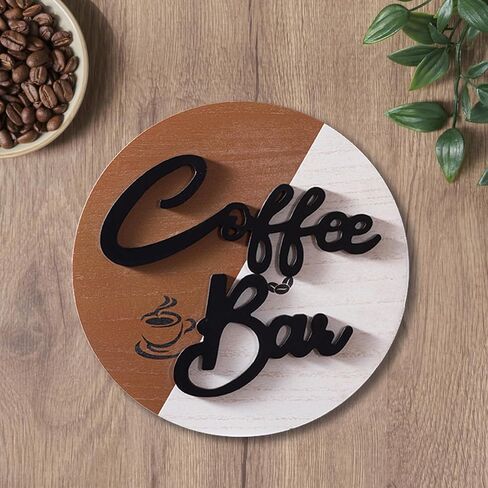 11.6'' Round Coffee Bar Sign, UBTKEY Wood Farmhouse Coffee Bar Decor, 3D Cutout Coffee Bar Station Wall Decor for Coffee Lover Gift in Kuwait