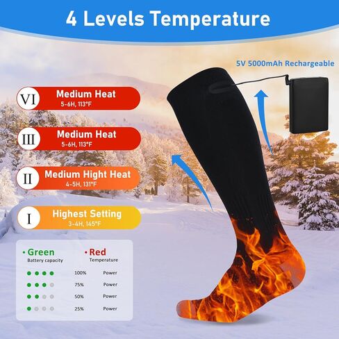 جوارب TOMSHOO ساخنة للرجال والنساء، جوارب كهربائية بقدرة 5000 مللي أمبير في الساعة قابلة لإعادة الشحن مع 4 إعدادات للحرارة، قابلة للغسل للمشي لمسافات طويلة والتخييم والتزلج والرياضات في الهواء الطلق in Kuwait