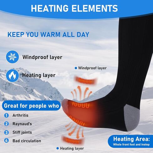 جوارب TOMSHOO ساخنة للرجال والنساء، جوارب كهربائية بقدرة 5000 مللي أمبير في الساعة قابلة لإعادة الشحن مع 4 إعدادات للحرارة، قابلة للغسل للمشي لمسافات طويلة والتخييم والتزلج والرياضات في الهواء الطلق in Kuwait