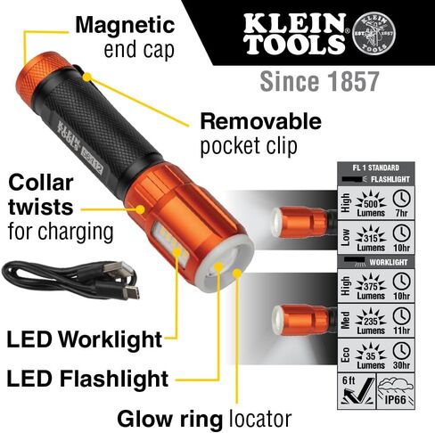 Klein Tools 56412 Rechargeable LED Flashlight with Worklight, 500 Lumens, USB Charging Cable, Pocket Clip, Battery Life Indicator, Magnetic in Kuwait