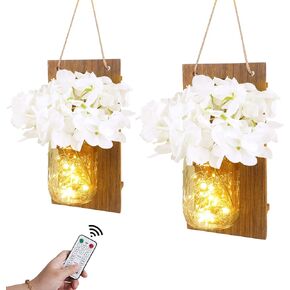 انبرو شمعدان حائط ريفي، مصابيح برطمان ماسون، ديكور منزلي ريفي مع خطافات من الحديد المطاوع، تصميم كوبية حريرية وشريط اضاءة LED لتزيين المنزل (مجموعة من قطعتين) ابيض كريمي in Kuwait