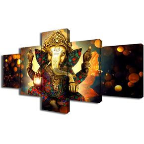صور هندية لورد كريشنا ديكور جداري عمل فني ديني للجدران إله الهندوسية 5 قطع/لوحة متعددة ديكورات منزلية لغرفة المعيشة بإطار خشبي جاهز لتعليق الملصقات والمطبوعات (60 بوصة عرض × 40 بوصة ارتفاع) in Kuwait