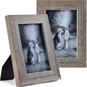 مجموعة إطار صور خشبي ريفي Yaetm مقاس 4 × 6 مكونة من قطعتين، إطار خشبي صلب لبيت المزرعة مع زجاج حقيقي عالي الوضوح، إطارات صور رمادية متعثرة لسطح الطاولة وعرض التثبيت على الحائط in Kuwait