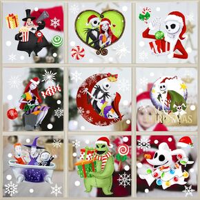 Christmas Window Clings 9 Styles, Nightmare Christmas Window Decorations Removable Stickers, Snowflakes Window Clings Cartoon Window Decals for Xmas Holiday Home Decor 8 Sheets in Kuwait
