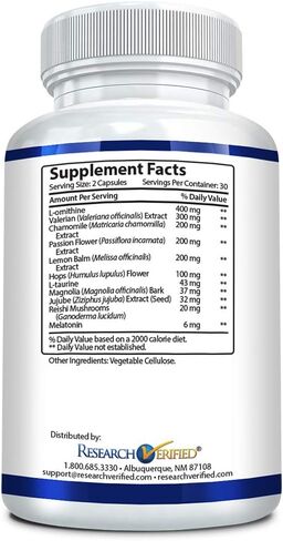 مساعد نوم تم التحقق منه من خلال الأبحاث - تنظيم دورة النوم بشكل طبيعي، واستعادة الهدوء والسكينة - ل-أورنيثين، وحشيشة الهر، والبابونج، والميلاتونين - 60 كبسولة نباتية in Kuwait