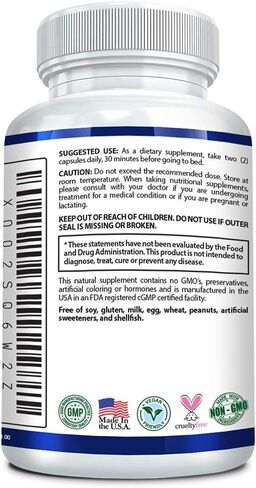 مساعد نوم تم التحقق منه من خلال الأبحاث - تنظيم دورة النوم بشكل طبيعي، واستعادة الهدوء والسكينة - ل-أورنيثين، وحشيشة الهر، والبابونج، والميلاتونين - 60 كبسولة نباتية in Kuwait