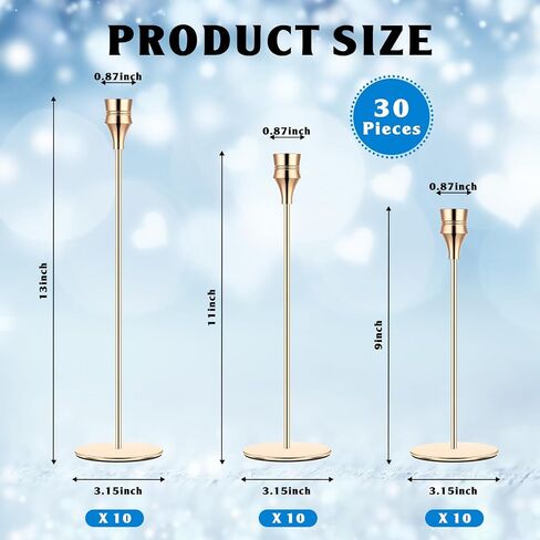 30 Pcs Gold Candlestick Holder Bulk Gold Taper Candle Holders Metal Candle Stick Holder Decor for Wedding Table Centerpiece Dinning Party Anniversary Fits 0.75 Inch Thick Candle, 9, 11, 13 Inches in Saudi Arabia
