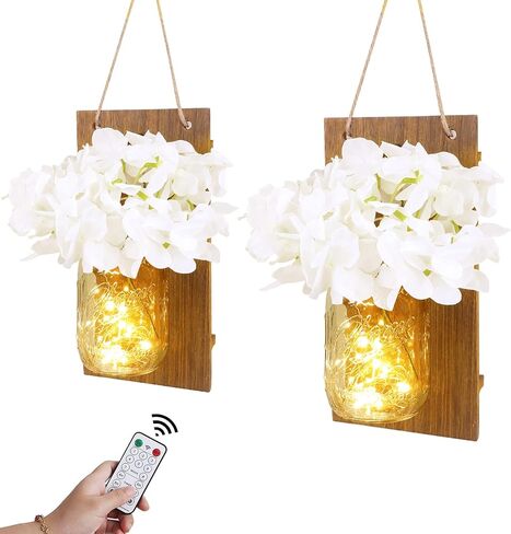 انبرو شمعدان حائط ريفي، مصابيح برطمان ماسون، ديكور منزلي ريفي مع خطافات من الحديد المطاوع، تصميم كوبية حريرية وشريط اضاءة LED لتزيين المنزل (مجموعة من قطعتين) ابيض كريمي in Kuwait