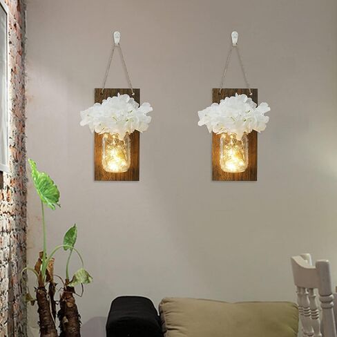 انبرو شمعدان حائط ريفي، مصابيح برطمان ماسون، ديكور منزلي ريفي مع خطافات من الحديد المطاوع، تصميم كوبية حريرية وشريط اضاءة LED لتزيين المنزل (مجموعة من قطعتين) ابيض كريمي in Kuwait