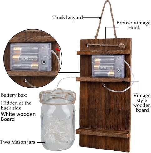 انبرو شمعدان حائط ريفي، مصابيح برطمان ماسون، ديكور منزلي ريفي مع خطافات من الحديد المطاوع، تصميم كوبية حريرية وشريط اضاءة LED لتزيين المنزل (مجموعة من قطعتين) ابيض كريمي in Kuwait