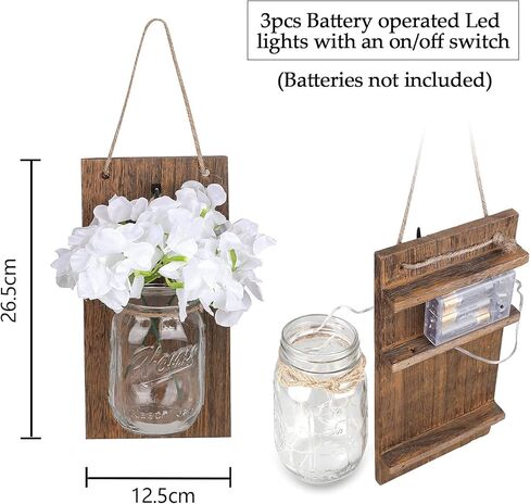 انبرو شمعدان حائط ريفي، مصابيح برطمان ماسون، ديكور منزلي ريفي مع خطافات من الحديد المطاوع، تصميم كوبية حريرية وشريط اضاءة LED لتزيين المنزل (مجموعة من قطعتين) ابيض كريمي in Kuwait