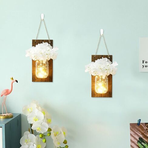 انبرو شمعدان حائط ريفي، مصابيح برطمان ماسون، ديكور منزلي ريفي مع خطافات من الحديد المطاوع، تصميم كوبية حريرية وشريط اضاءة LED لتزيين المنزل (مجموعة من قطعتين) ابيض كريمي in Kuwait