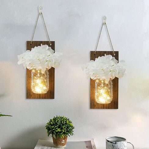 انبرو شمعدان حائط ريفي، مصابيح برطمان ماسون، ديكور منزلي ريفي مع خطافات من الحديد المطاوع، تصميم كوبية حريرية وشريط اضاءة LED لتزيين المنزل (مجموعة من قطعتين) ابيض كريمي in Kuwait