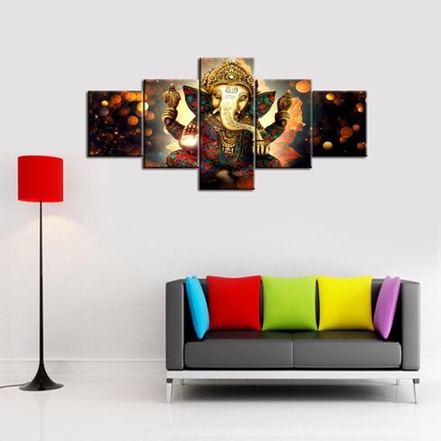 صور هندية لورد كريشنا ديكور جداري عمل فني ديني للجدران إله الهندوسية 5 قطع/لوحة متعددة ديكورات منزلية لغرفة المعيشة بإطار خشبي جاهز لتعليق الملصقات والمطبوعات (60 بوصة عرض × 40 بوصة ارتفاع) in Kuwait