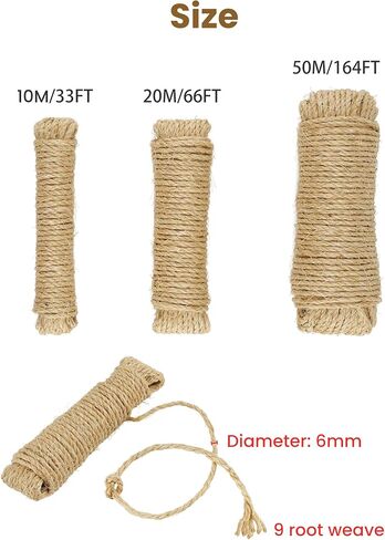 Sisal Rope for Cat Scratcher, Pettom Cat Scratching Post Replacement Natural Hemp Rope Sisal Replacement Rope for Cat Tree 1/4 inch Diameter 164FT in Kuwait