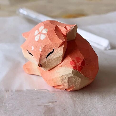 ALHBEJT Wooden Fox Figurines Sculpture Statue Lovely Small Carved Fox Statue Handmade Wood Fox Art Carving Work for Home Office Decoration (Pink) in Saudi Arabia