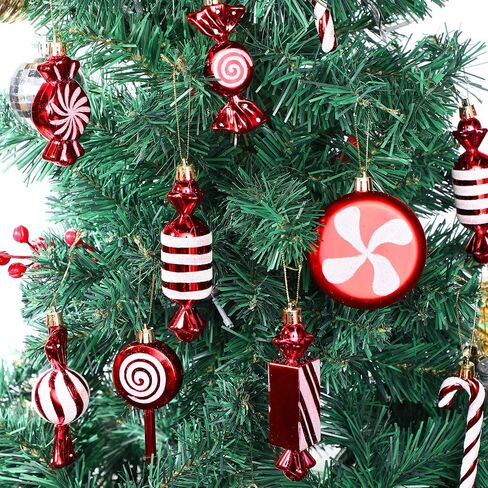 Leyndo 24 Pcs Christmas Candy Cane Ornament Tree Decoration Peppermint Lollipop Glitter Red and White Ornament for Home Party Favor Supplies in Saudi Arabia