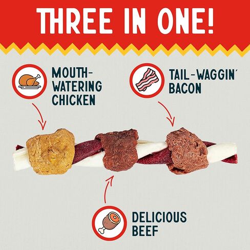 Canine Chews 5" Triple Flavor Bacon, Chicken-Wrapped, Beef Rawhide Dog Chew Toy Treat Stick Twist Kabob for Small Dogs (100 Pack) in Kuwait