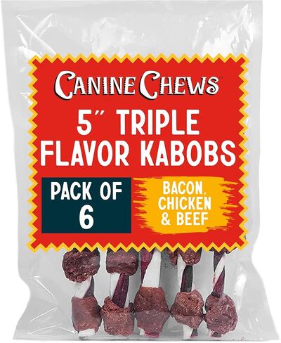 Canine Chews 5" Triple Flavor Bacon, Chicken-Wrapped, Beef Rawhide Dog Chew Toy Treat Stick Twist Kabob for Small Dogs (100 Pack) in Kuwait