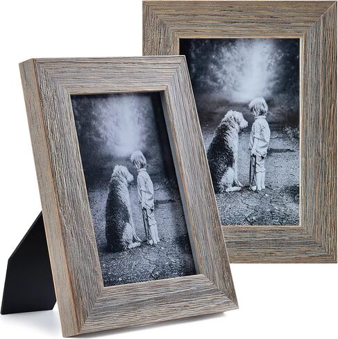 مجموعة إطار صور خشبي ريفي Yaetm مقاس 4 × 6 مكونة من قطعتين، إطار خشبي صلب لبيت المزرعة مع زجاج حقيقي عالي الوضوح، إطارات صور رمادية متعثرة لسطح الطاولة وعرض التثبيت على الحائط in Kuwait