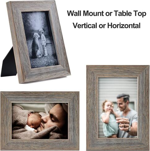 مجموعة إطار صور خشبي ريفي Yaetm مقاس 4 × 6 مكونة من قطعتين، إطار خشبي صلب لبيت المزرعة مع زجاج حقيقي عالي الوضوح، إطارات صور رمادية متعثرة لسطح الطاولة وعرض التثبيت على الحائط in Kuwait