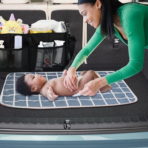 منظم صندوق السيارة القابل للطي من فيروك، محطة تغيير حفاضات منظم حفاضات الأطفال مع مقسم قابل للإزالة، علبة سيارة شاحنة ذات سعة كبيرة مع وسادة تغيير لتغيير الحفاضات، رمادي in Kuwait