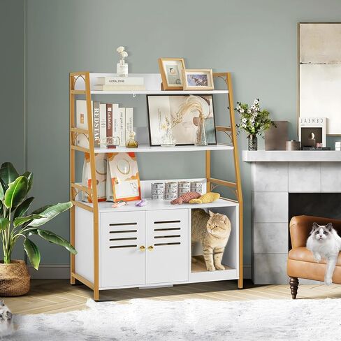 صندوق فضلات القطط من وينفون، أثاث مخفي مع 3 أرفف، حمام للقطط مع حصيرة وخدش، خشب قوي، كبير، أبيض in Kuwait