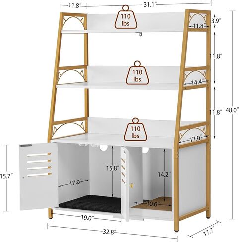 صندوق فضلات القطط من وينفون، أثاث مخفي مع 3 أرفف، حمام للقطط مع حصيرة وخدش، خشب قوي، كبير، أبيض in Kuwait