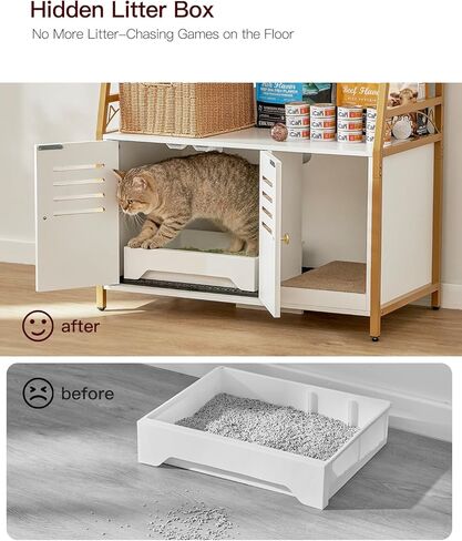 صندوق فضلات القطط من وينفون، أثاث مخفي مع 3 أرفف، حمام للقطط مع حصيرة وخدش، خشب قوي، كبير، أبيض in Kuwait