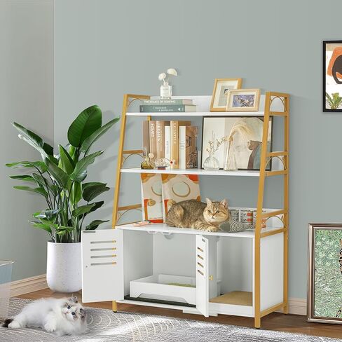 صندوق فضلات القطط من وينفون، أثاث مخفي مع 3 أرفف، حمام للقطط مع حصيرة وخدش، خشب قوي، كبير، أبيض in Kuwait