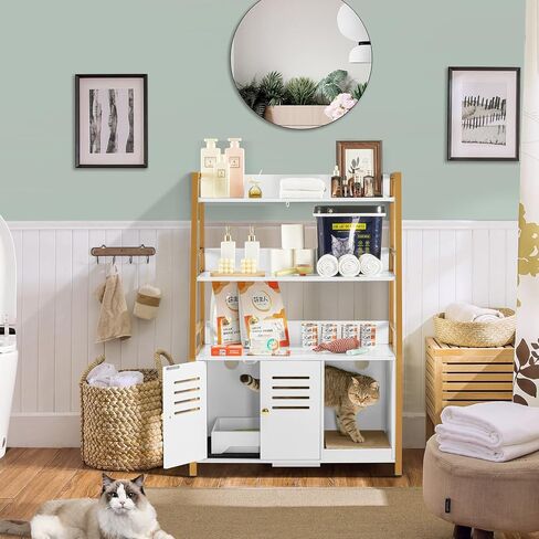 صندوق فضلات القطط من وينفون، أثاث مخفي مع 3 أرفف، حمام للقطط مع حصيرة وخدش، خشب قوي، كبير، أبيض in Kuwait