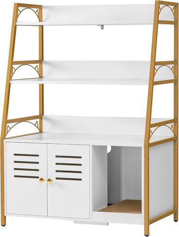 صندوق فضلات القطط من وينفون، أثاث مخفي مع 3 أرفف، حمام للقطط مع حصيرة وخدش، خشب قوي، كبير، أبيض in Kuwait