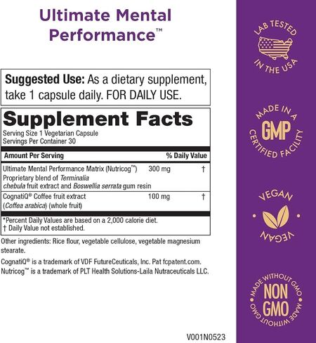 Purity Products Ultimate Mental Performance Supports Memory Recall, Mental Focus + More - Nootropic Powerhouse ft. Patented Botanical Plant-Based Ingredients - Vegan & Non-GMO - 30 Veggie Caps in Saudi Arabia